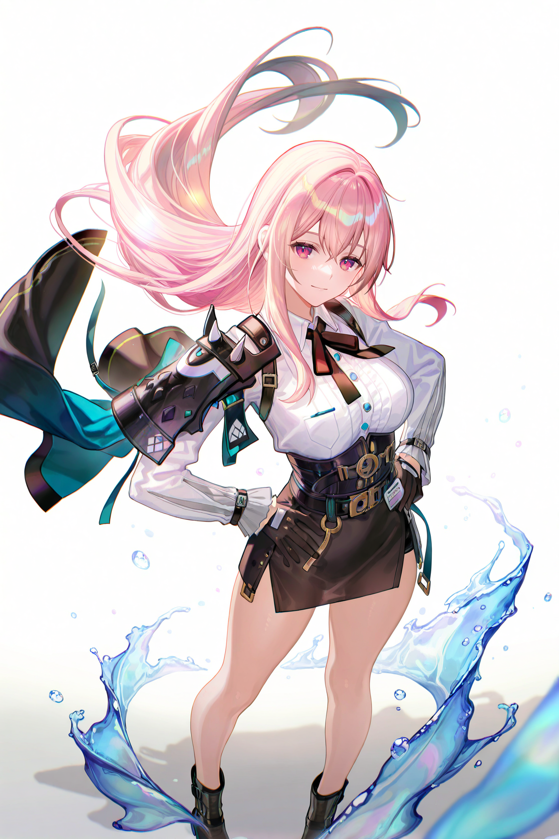 8k, best quality, masterpiece, (ultra-detailed), (high detailed skin), 
((artist:reoen),(artist:fuzichoco),(artist:atdan),(artist:torino_aqua),year 2024:0.8)1girl, [artist:wlop], [artist:ningen_mame], artist:ciloranko, [[artist:rhasta]], artist:tidsean, colorful, detailed light, light leaks, sunlight, bokeh, blurry foreground, ray tracing, lens flare, cinematic lighting, 
full body, full shot, standing, looking at viewer, (solo:1.2), simple background, (white background:1.2), hand on own hip, (white background:1.1), 
<lora:Yanagi-noob-Tanger-000012:0.8>, 
Yanagi, Yanagi-def clothes, Black right shoulder armor, 1girl, pink hair, gloves, black gloves, black skirt, pink eyes, long hair, breasts, shirt, black footwear, belt, standing, boots, white shirt, 
cowboy shot, from above, moonlight, floating hair, muscle, masterpiece, best quality, very aesthetic, highres, absurdres, newest, dancing, floating, floating water, looking at viewer, half-closed eyes, light smile, from above,