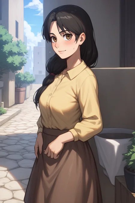 score_9, score_8_up, score_7_up, BREAK source_anime, <lora:carla yeager-PonyXL-lora-Faxtron:0.8> carla yeager, single hair, tucked-in yellow shirt, long sleeves, brown skirt,