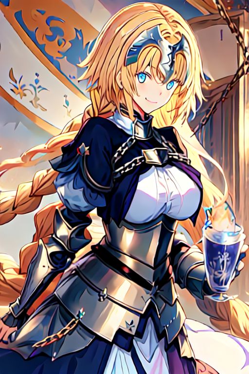 solo, 1girl, solo_focus, 
jeanne_d_arc_fgo, blonde_hair, long_hair, blue_eyes, breasts, very_long_hair, headpiece, smile, braid, gauntlets, single_braid, large_breasts, bangs, chain