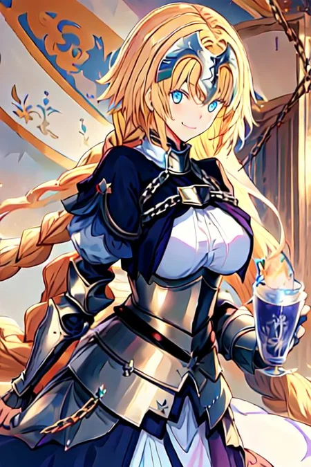 solo, 1girl, solo_focus,
jeanne_d_arc_fgo, blonde_hair, long_hair, blue_eyes, breasts, very_long_hair, headpiece, smile, braid, gauntlets, single_braid, large_breasts, bangs, chain