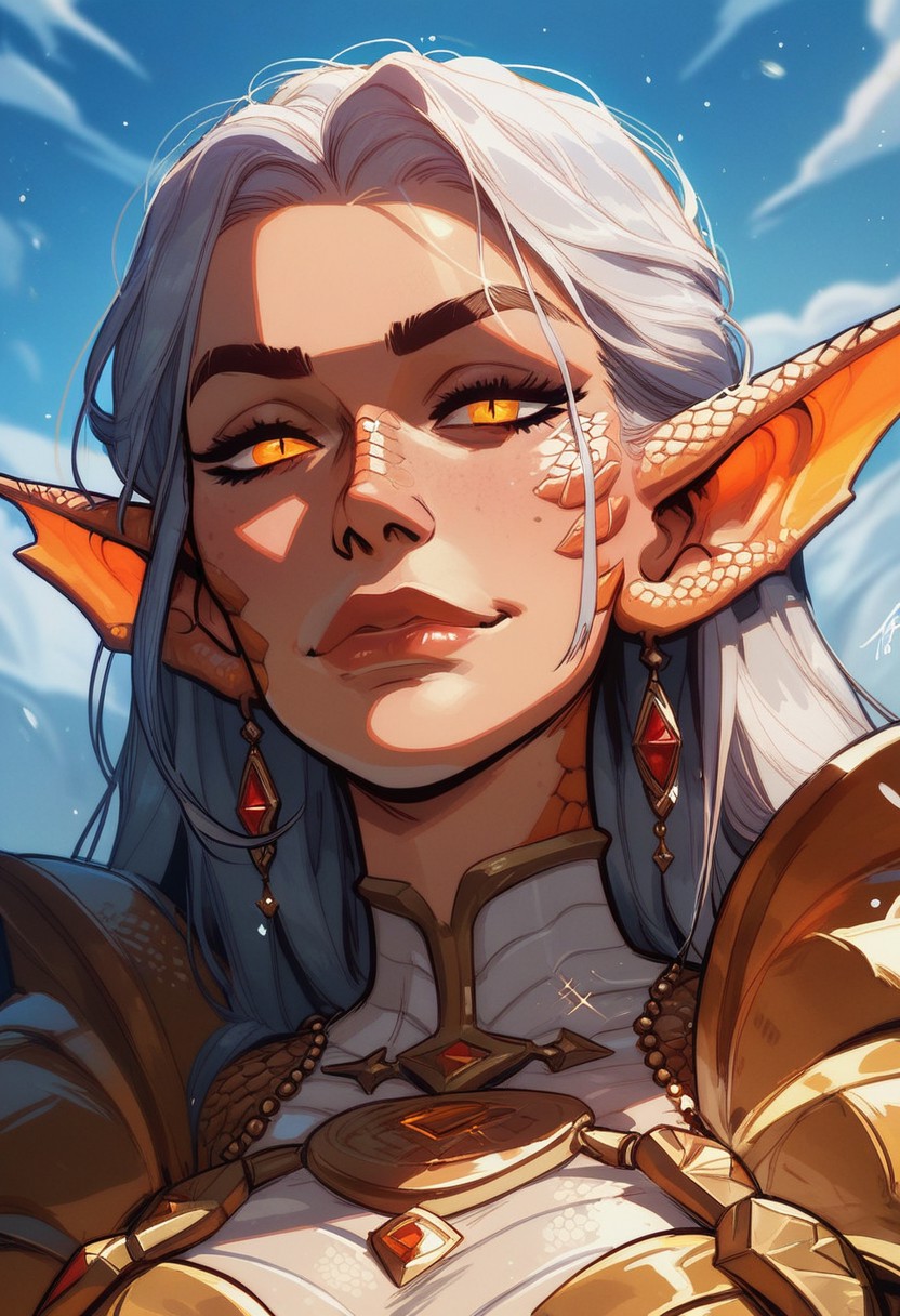 score_9, score_8_up, score_8, score_7_up, score_7, score_6_up, score_6, score_5_up, beautiful woman, light skin with a hint of red, glowing white eyes, silver hair, gold accessories, elegant dress, (dragon scales, dragon scales on face:1.3), monster ears, jagged ears, emotionless expression, vox machine style, 1girl, female focus, solo, close up portrait , fantasy, sky background, (dynamic lighting:1.1)
((masterpiece))
