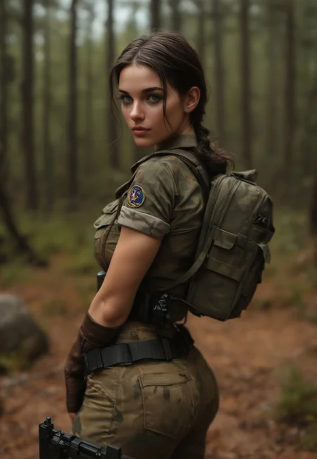 safe_pos, masterpiece,best quality, highly detailed, score_9, score_8_up, score_7_up, score_6_up, score_5_up, score_4_up, Expressiveh,
Soldier Ranger in a Sci-Fi Wasteland, extreme photorealistic of a beautiful female character equipped with a cyber-enhanced camo outfit featuring some mechanical augmentations on her limbs. The bottom and waist of the camo outfit hide a lot of her skin. She has wide hips and a natural butt and thick thighs. She has a futuristic hood and a heavy-duty backpack with various survival tools. The scene is set in a sci-fi wasteland, with ruins of an old civilization and ancient forest in the background.
(((full clothed)))
(((((upper body))))), dynamic pose
<lora:Dynamic Poses:1>
<lora:detailed_notrigger:1>
(((full clothed)))