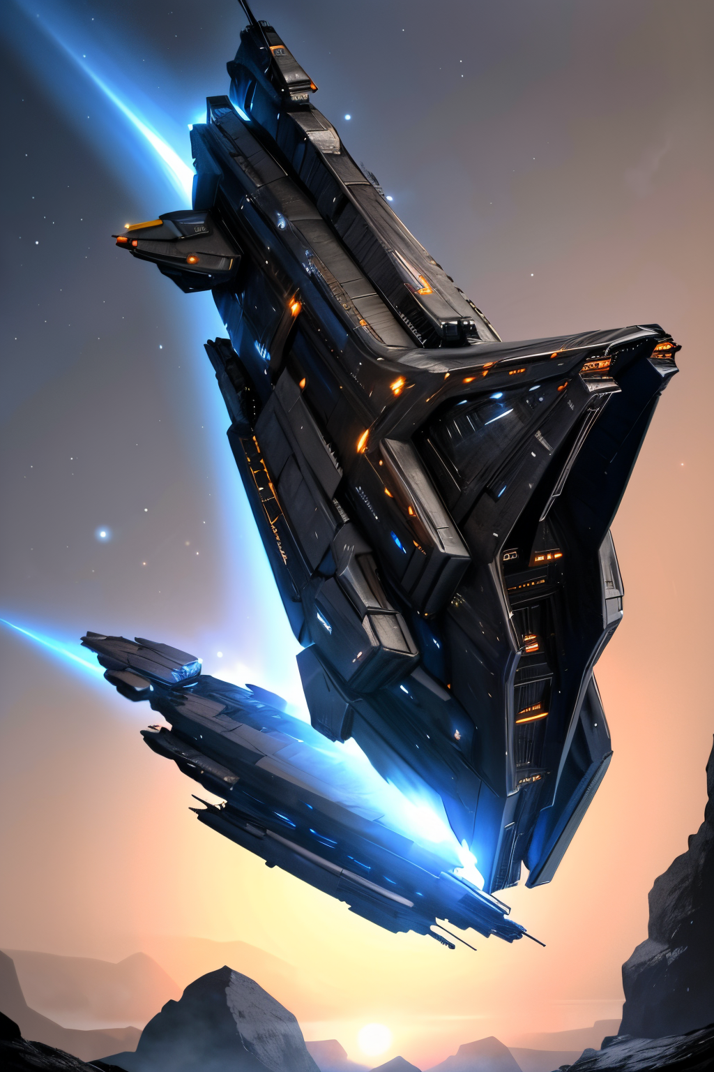 (Realistic:1.5) (masterpiece) holding, solo, science fiction, fighter jet, black background, firing, turret, no humans, mountain, science fiction, ground vehicle, 1boy, holding weapon, star (sky), black background, sand, cockpit, cannon, warship, spacecraft, <lora:EdobSpaceShip01_v1.0:0.8>