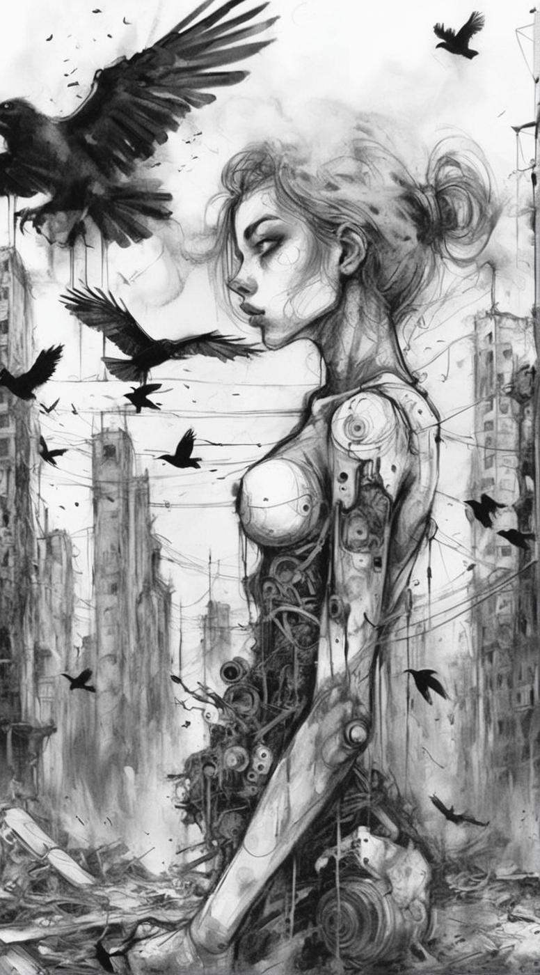 visiblend a cyborg girl, a destroyed city, black birds and destroyed robots in the background, black ink<lora:visiblend:0.8>