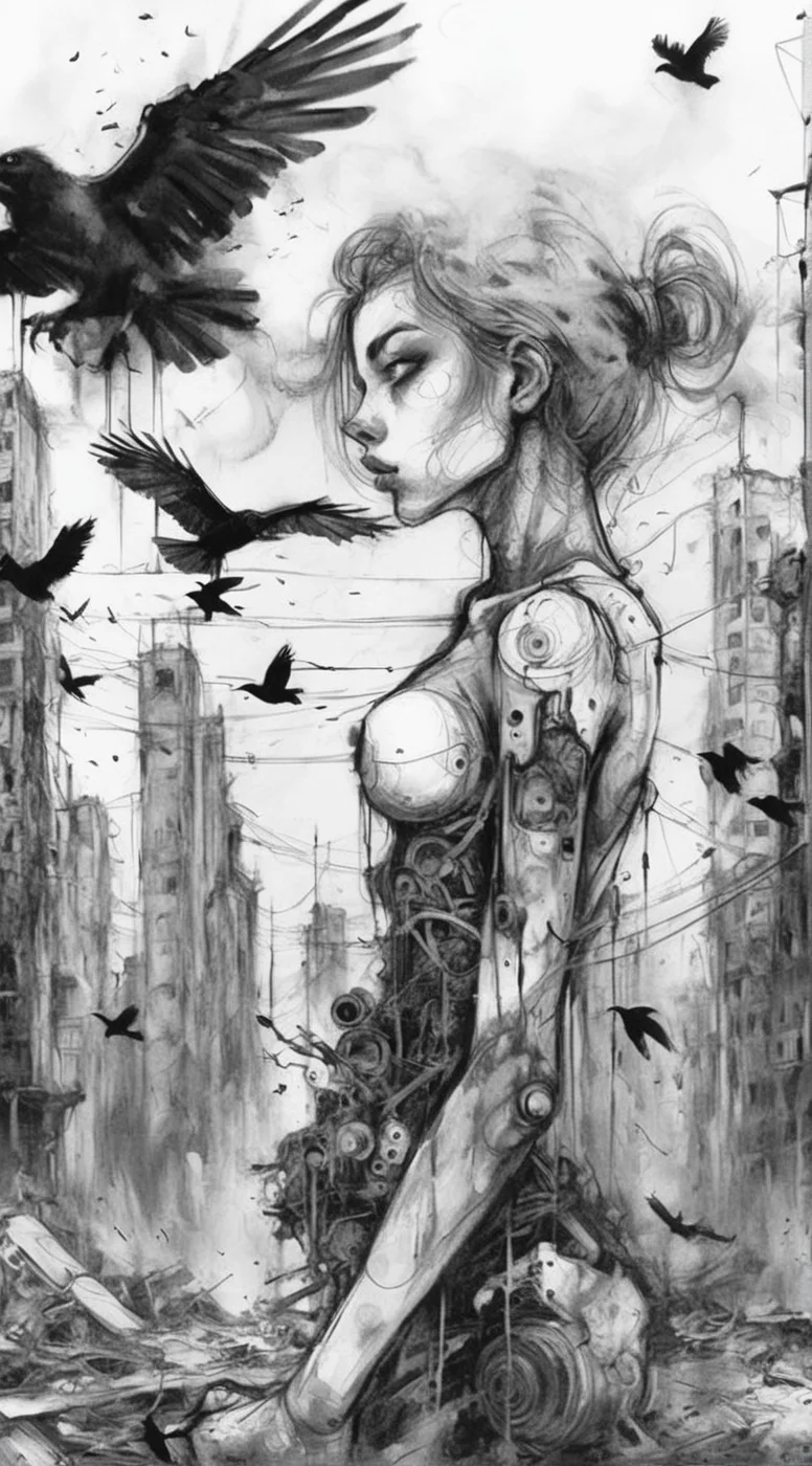 visiblend a cyborg girl, a destroyed city, black birds and destroyed robots in the background, black ink<lora:visiblend:0.8>