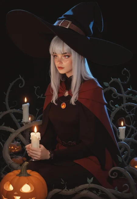 safe_pos, 1girl, silver hair, red lace robes, witch, witch hat, 

magic, glowing, lighting, sitting, Halloween pumpkins, candles, vines, moss, 

long hair, bangs, small breasts, freckles, freckled,

simple ethereal dark background, glowing orange  constellations, upper body, 

score_8, score_9_up,