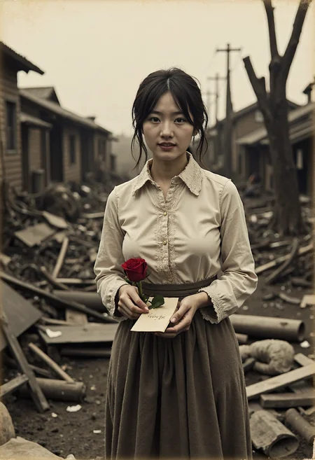 A haunting sepia-toned photograph, grainy and scarred with time, captures a lone Asian girl with large breasts and wide hips standing amidst the charred ruins of early 1900s Tokyo, the skeletal remains of wooden houses and collapsed beams stretching endlessly behind her. Dressed in a worn, soot-streaked high-collared blouse with frayed lace cuffs, tucked into a long, faded wool skirt stained with dust and ash, she carries the weight of a lost world in her posture. Her dark hair, once carefully arranged in a TaishÅ-era low bun, is now slightly disheveled, loose strands falling across her smudged face. Yet, despite the devastation, she stands poised, eyes reflecting quiet resilience as she extends two fragile offeringsâa faded envelope, its edges curled from heat, inscribed with "For You" in smudged gold ink, and a single red rose, impossibly vibrant against the monochrome destruction. The delicate petals appear untouched by the chaos around her, a stark, almost surreal contrast to the desaturated landscape. A faint, bittersweet smile lingers on her lipsânot of joy, nor sorrow, but of something in between, a quiet defiance against the erasure of love, standing in the midst of historyâs ruin.