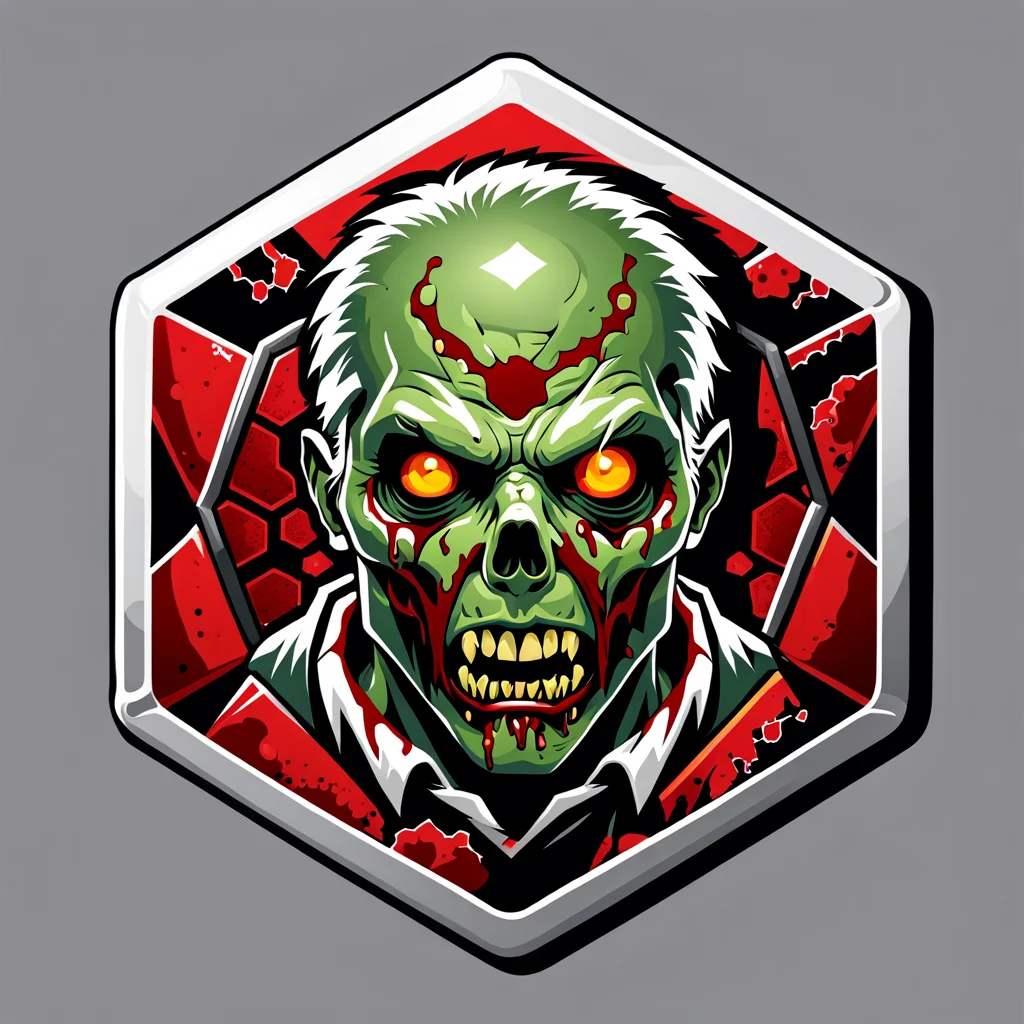 a hexagonal badge of a zombie, horror, vector, <lora:badgemkrsdxl:0.9>, best quality, blood