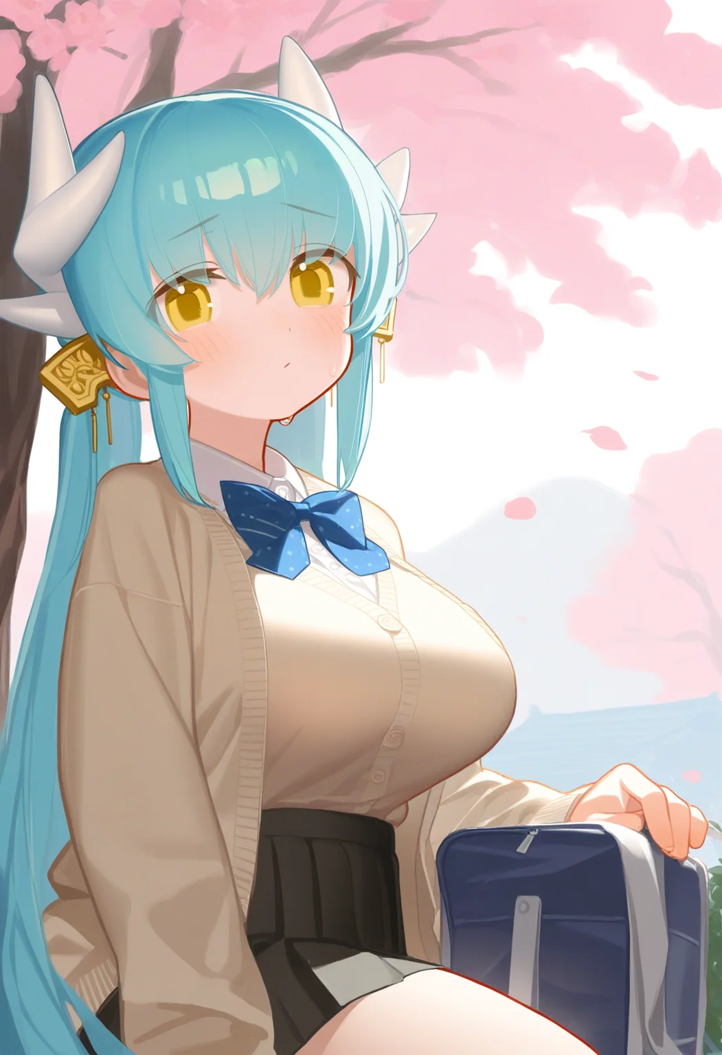 Tianliang Duohe Fangdongye
best quality, amazing quality, 1girl, cardigan, black skirt, outdoors, kiyohime \(fate grand order\), sakura tree, aqua hair, yellow eyes, big breasts