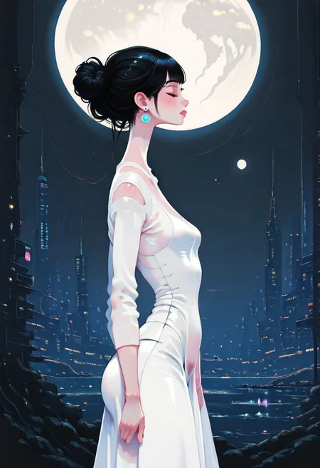 masterpiece, best quality, good quality, very awa, newest, highres, absurdres, no lineart, no outline, 1girl, solo, black hair, dress (silhouette of curvy body with small breasts and thick pubic hair visible through translucent dress), closed mouth, jewelry, standing, closed eyes, outdoors, earrings, sky, hair bun, from side, lips, profile, night, moon, single hair bun, building, wind, night sky, full moon, backlighting, city, arms at sides, cityscape, updo, city lights, huge moon, (monochrome, negative space), white background, white theme, painterly, fine art, hiz_ai, in the style of cknc, wat,