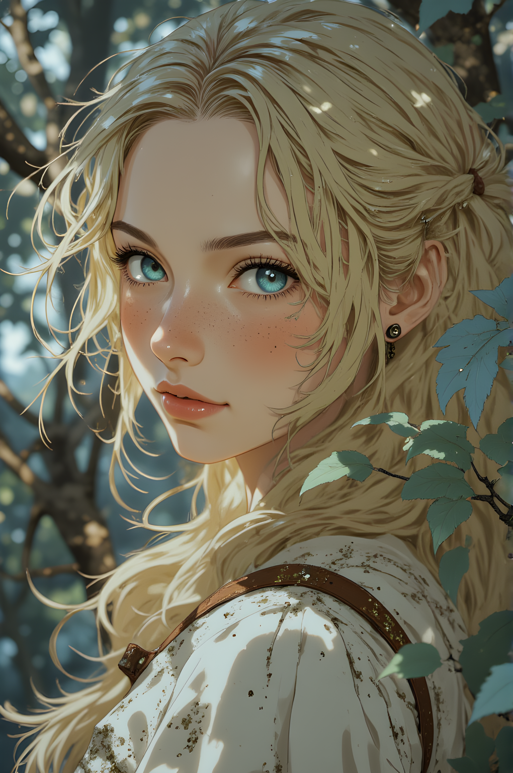 The light is soft and diffused, as though filtered through a canopy of leaves or the gentle haze of a summer afternoon. At the center of this serene setting stands a young woman, her presence both ethereal and grounded. Her hair is a cascade of golden blonde strands, loose and flowing around her shoulders like liquid sunlight. The fine texture of each strand is visible, catching the light in a way that makes them shimmer with an almost otherworldly glow.
Her eyes are striking, a vivid shade of blue that seems to hold the very essence of the sky within them. They are wide and expressive, filled with a quiet intensity that suggests she is deeply attuned to her surroundings. Her gaze is direct, meeting the viewerâs with a calm confidence that belies any sense of vulnerability. Freckles dust her cheeks and nose, adding a touch of warmth and natural beauty to her features. Her skin is smooth yet alive, hinting at hours spent under open skies.
She wears a delicate garment, likely handmade, with intricate details that speak of craftsmanship and tradition. The fabric is a pale, creamy white, adorned with subtle embroidery and small, sparkling embellishments that catch the light. A brown leather strap crosses her chest, bearing faint inscriptions or symbols that suggest a connection to something ancient or meaningful. The overall effect is one of simplicity and elegance, as though she has stepped out of a storybook where magic and reality blur together.
In the background, hints of nature peek throughâa blurred glimpse of branches or vines, perhaps part of a garden or forest. The colors are muted, allowing the woman to stand out as the focal point of the scene. There is a sense of tranquility here, as if time has slowed, leaving only the gentle rustle of leaves and the soft hum of life in the air.
Her expression is serene, almost contemplative, as though she is lost in thought or simply basking in the moment. The overall atmosphere is one of timeless beauty, where every detailâthe texture of her hair, the sparkle of her eyes, the intricate patterns on her clothingâcontributes to a portrait of someone who exists in perfect harmony with the world around her.
j_art, anime, anime art, <lora:FLUX\jul\J_Anime:0.7>, <lora:FLUX\RealAnime:0.7>