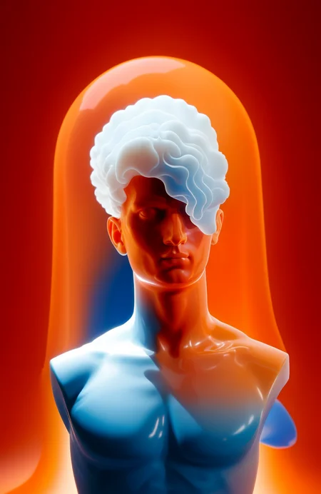 detailed volumetric cloud trapped inside a white human bust, orange background, 3d render, redshift, vignette <lora:3d-render:1>