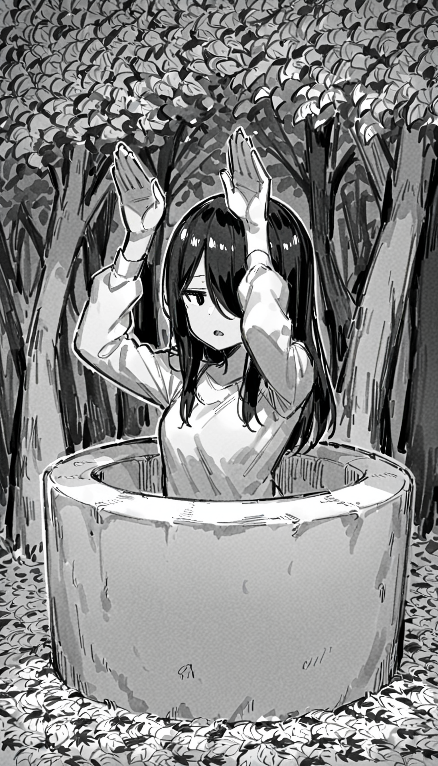 best quality, very aesthetic, absurdres,
(autumn atomosphere:1.2)
[(realistic:1)::0.3],
1girl, (yamamura sadako:1.1) crawling out of well,close-up, upper body,long hair, long bangs,straight hair, hair over one eye, white spooky dress, simple dress, long sleeves, skinny ,drop shadow, expressionless, (jitome:1.2), (monochrome:1.3), arms up, (rabbit pose:1.2), 
autumn leaves, forest background, small breasts, sunbeam, open mouth,[sketch,(graphite \(medium\):1.2):0.1],
(curl inward hair:0.1),<lora:Graphite:0:1>,<lora:Fixhands_anime_bdsqlsz_V1:1>,<lora:Well:1>