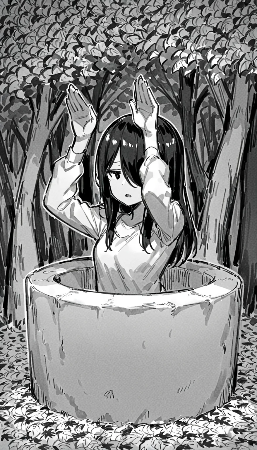 best quality, very aesthetic, absurdres,
(autumn atomosphere:1.2)
[(realistic:1)::0.3],
1girl, (yamamura sadako:1.1) crawling out of well,close-up, upper body,long hair, long bangs,straight hair, hair over one eye, white spooky dress, simple dress, long sleeves, skinny ,drop shadow, expressionless, (jitome:1.2), (monochrome:1.3), arms up, (rabbit pose:1.2), 
autumn leaves, forest background, small breasts, sunbeam, open mouth,[sketch,(graphite \(medium\):1.2):0.1],
(curl inward hair:0.1),<lora:Graphite:0:1>,<lora:Fixhands_anime_bdsqlsz_V1:1>,<lora:Well:1>