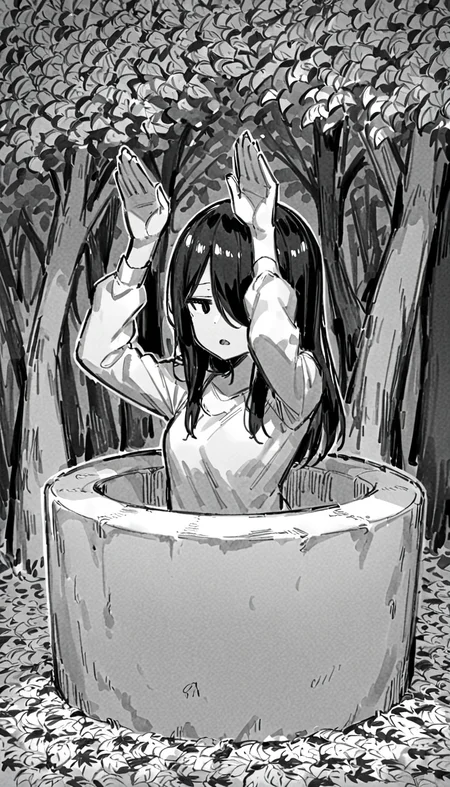 best quality, very aesthetic, absurdres,
(autumn atomosphere:1.2)
[(realistic:1)::0.3],
1girl, (yamamura sadako:1.1) crawling out of well,close-up, upper body,long hair, long bangs,straight hair, hair over one eye, white spooky dress, simple dress, long sleeves, skinny ,drop shadow, expressionless, (jitome:1.2), (monochrome:1.3), arms up, (rabbit pose:1.2), 
autumn leaves, forest background, small breasts, sunbeam, open mouth,[sketch,(graphite \(medium\):1.2):0.1],
(curl inward hair:0.1),<lora:Graphite:0:1>,<lora:Fixhands_anime_bdsqlsz_V1:1>,<lora:Well:1>