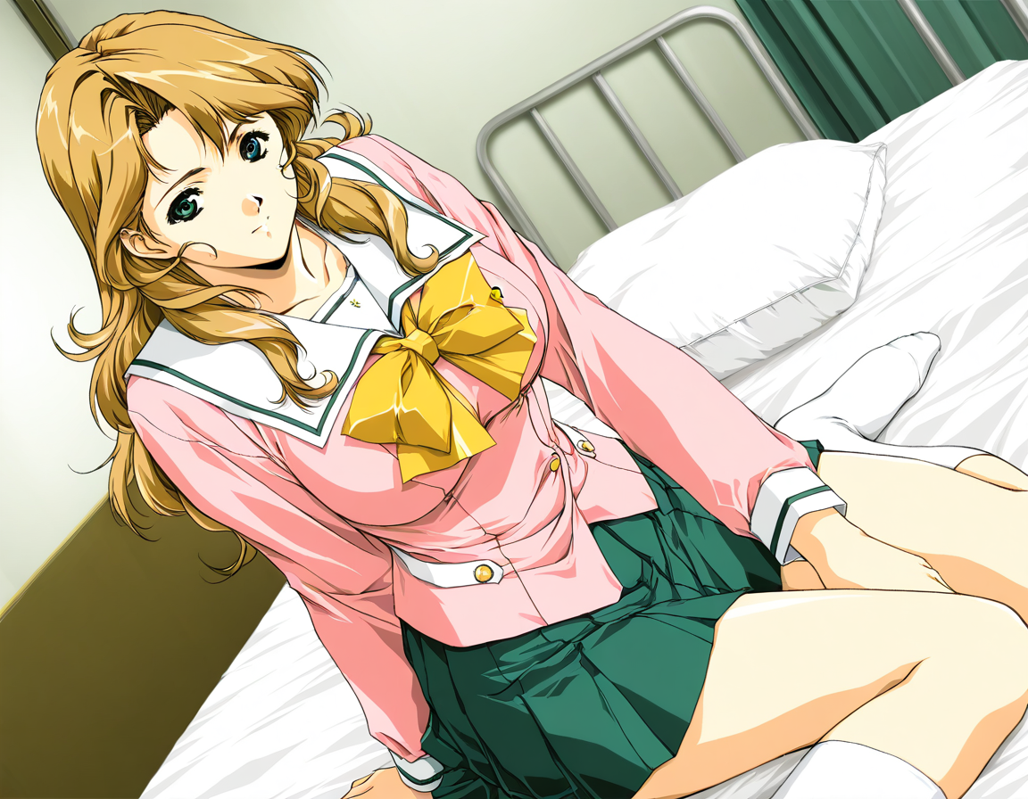 masterpiece, best quality, good quality, <lora:Maejima_Kaori_IS:1>  horibe hiderou style,
Maejima_Kaori,1girl, long hair, blonde hair,green eyes, large breasts, 
solo, school uniform, green skirt, pink jacket, serafuku, long sleeves, pleated skirt, bow, looking at viewer, shirt, Yellow bow,
 solo, bed, school uniform, socks, sitting, skirt, long sleeves, brown hair, serafuku, bow, pleated skirt, white socks, pillow, indoors, dutch angle,