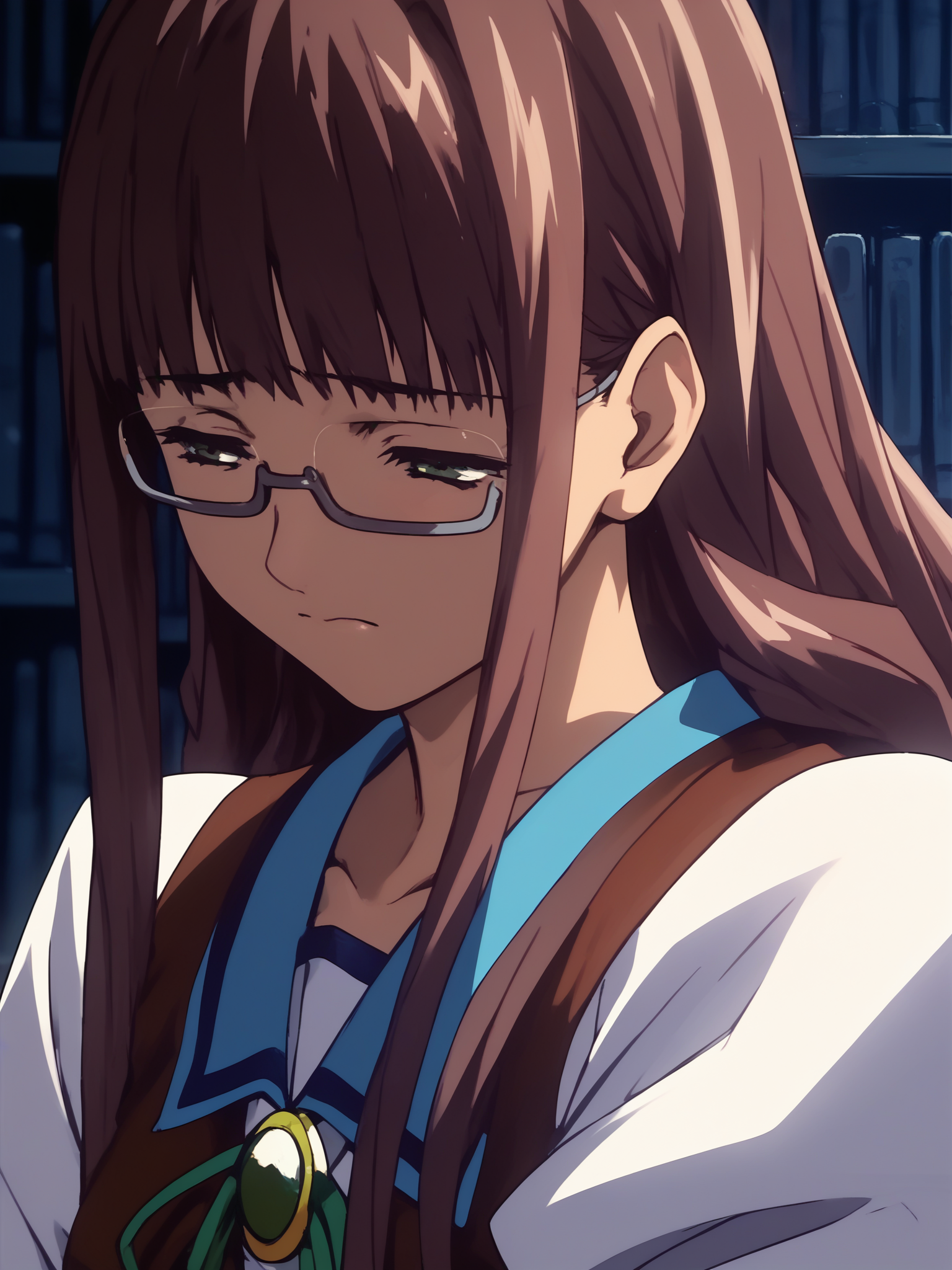 <lora:happy_tentacle-hikaru-v0.2-000030:1>, ht_hikaru, glasses, under-rim eyewear, school uniform , 1girl, solo, upper body , half-closed eyes , (embarrassed :1), , looking away , , facing viewer , score_9, score_8_up, score_7_up, score_6_up, score_5_up, score_4_up