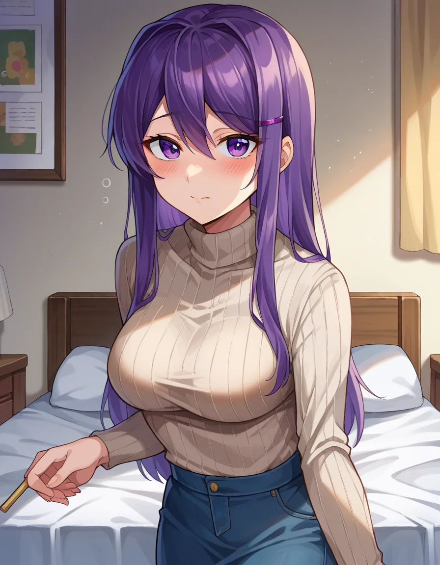 score_9, score_8_up, score_7_up, source_anime,
ddlcyuri, <lora:ddlc-yuri-ponyxl-lora-nochekaiser:1>
ddlcyuri, hair ornament, hairclip, long hair, purple eyes, purple hair,
casual clothes, grey sweater, miniskirt, pants, ribbed sweater, skirt, sweater, turtleneck, turtleneck sweater,
indoors, bed, bed room, on side, blush, drunk,
looking at viewer, dutch angle, cowboy shot,
