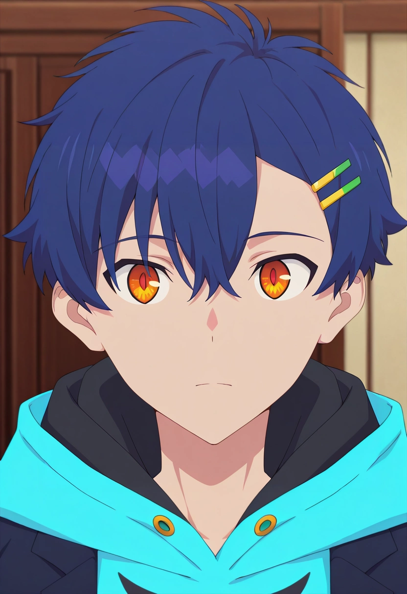 masterpiece, best quality, intricate details, anime screencap, anime coloring, , , 1boy, solo, male focus, <lora:yomogi_asanaka_ilxl:1>, yomogi_asanaka, blue hair, orange eyes, short hair, bangs, hair between eyes, hairclip, hoodie, , viking costume