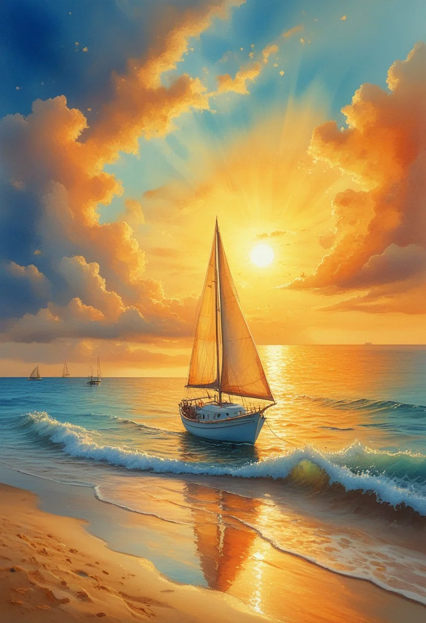 watercolor painting sunset, high tide, golden sand, calm sea, colored clouds, rays of light break through the clouds, in the reflection of light on the water, a sailing boat is a fish, the sea shimmers with bright colors . vibrant, beautiful, painterly, detailed, textural, artistic, midjourneyv6.1