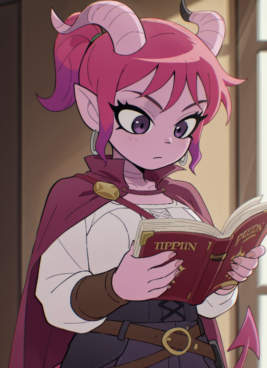 scttp, anime coloring, sketch, solo, solo female, 1girl, feminine, reading book, holding book, reading, book, pink cloak, pink hair with purple gradient, poseydnd, ponytail, purple eyes, white blouse, brown bracers, (tiefling, pointed ears,  pink horns, tail, imp tail, tiefling, straight horns, demon horns, tail, pointed ears, long pink hair, pink hair with purple gradient, long lashes, thick lashes hair, pale pink skin, thin tail, pink tail, imp tail, light colors, pastel colors, purple gradient in hair), tiefling, pointed ears, horns, tail, 