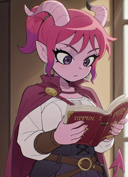 scttp, anime coloring, sketch, solo, solo female, 1girl, feminine, reading book, holding book, reading, book, pink cloak, pink hair with purple gradient, poseydnd, ponytail, purple eyes, white blouse, brown bracers, (tiefling, pointed ears,  pink horns, tail, imp tail, tiefling, straight horns, demon horns, tail, pointed ears, long pink hair, pink hair with purple gradient, long lashes, thick lashes hair, pale pink skin, thin tail, pink tail, imp tail, light colors, pastel colors, purple gradient in hair), tiefling, pointed ears, horns, tail, 