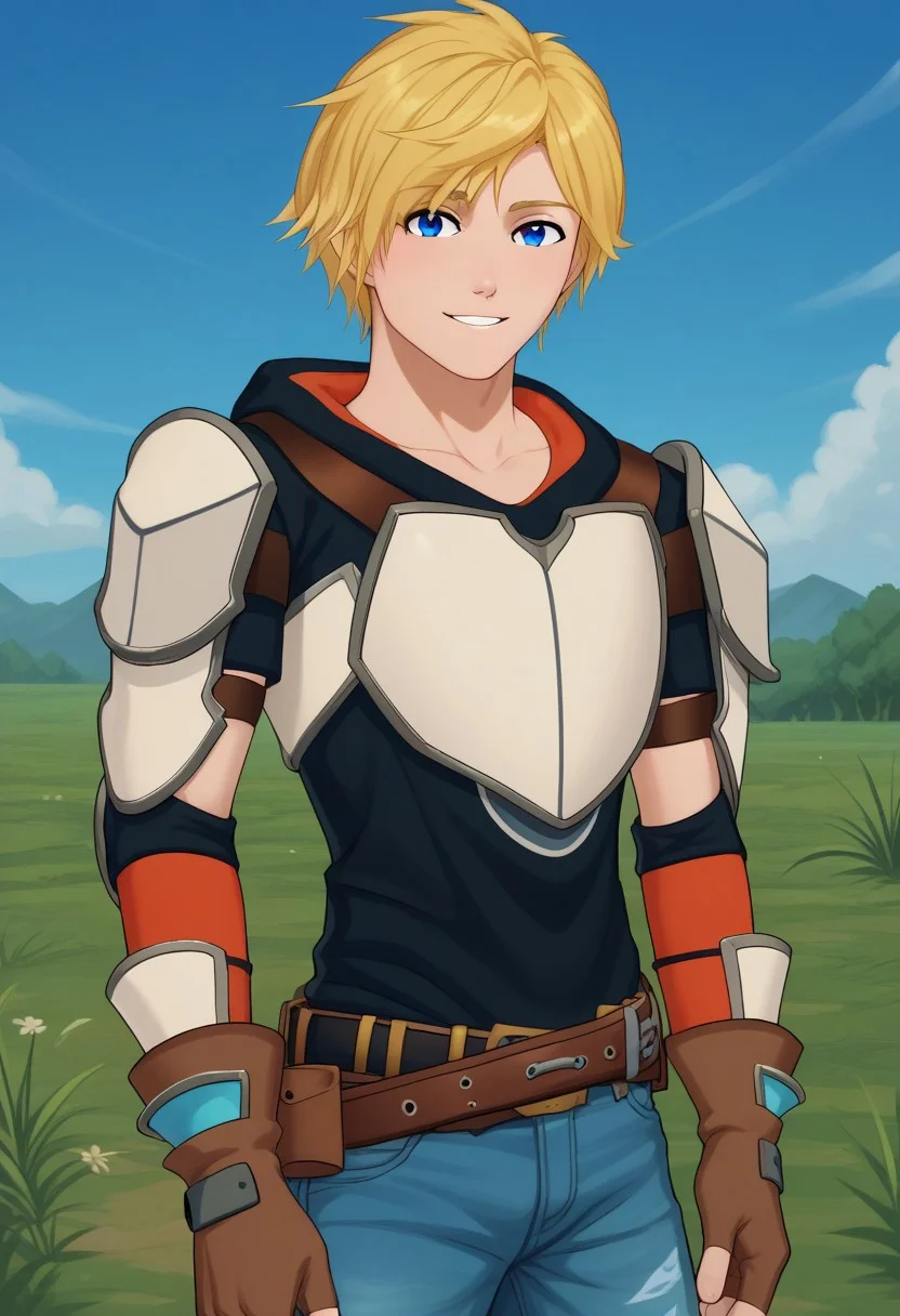 score_9, score_8_up, score_7_up, source_anime, highly detailed,
jaune, 1boy, male focus, solo, blonde hair, blue eyes, gloves, pants, jeans, denim, brown gloves, smile, armor, belt, blue pants, upper body, shoulder armor, shoulder pads, breastplate, looking at viewer, hoodie, hood,
outdoor, sky,
