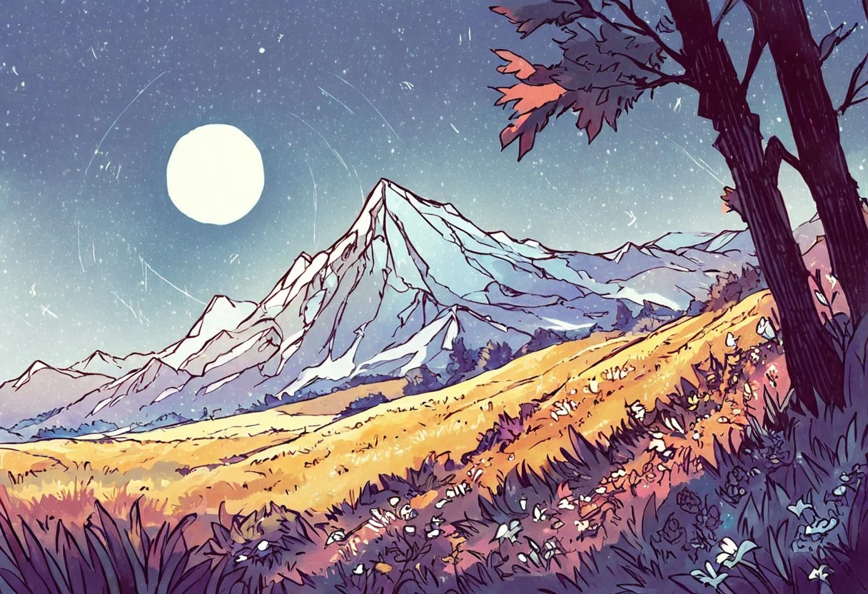 score_9, score_8_up, score_7_up, score_6_up, score_5_up, score_4_up,
source_cartoon, source_anime, source_furry, source_pony,
illustration,
zPDXL3, (zPDXLrl:0.7), overgrown,
limited palette,
mountains, grass, [(forest:1.2):meadow, flowers, tree:0.9], [evening, orange sky, sun, (solar rays:1.2):night, stars, moon:0.7]