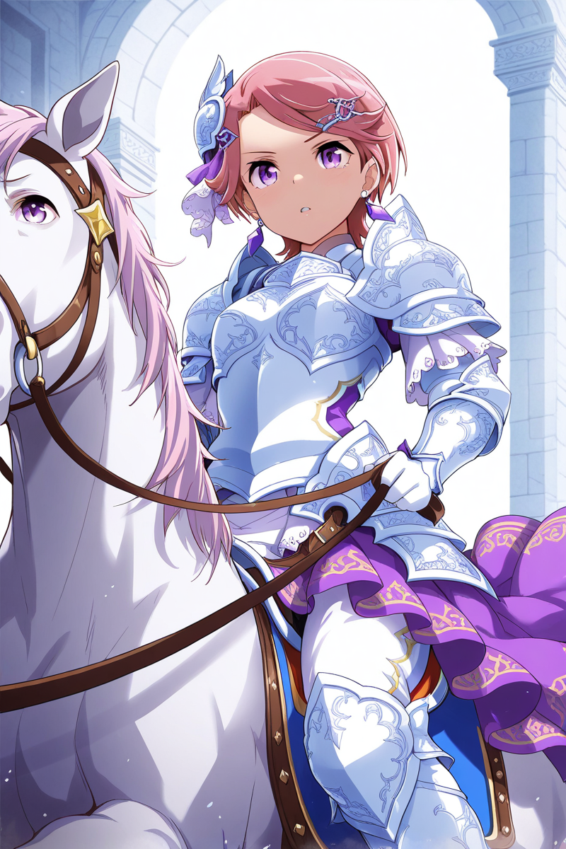 masterpiece, best quality, amazing quality,
 <lora:Futaba_IL:1> futaba, 1girl, horse, armor, short hair, earrings, gloves, riding, jewelry, horseback riding, purple eyes, solo, pink hair, reins, white gloves, hair ornament