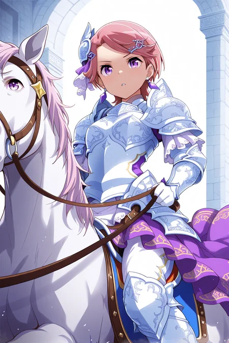 masterpiece, best quality, amazing quality,
<lora:Futaba_IL:1> futaba, 1girl, horse, armor, short hair, earrings, gloves, riding, jewelry, horseback riding, purple eyes, solo, pink hair, reins, white gloves, hair ornament