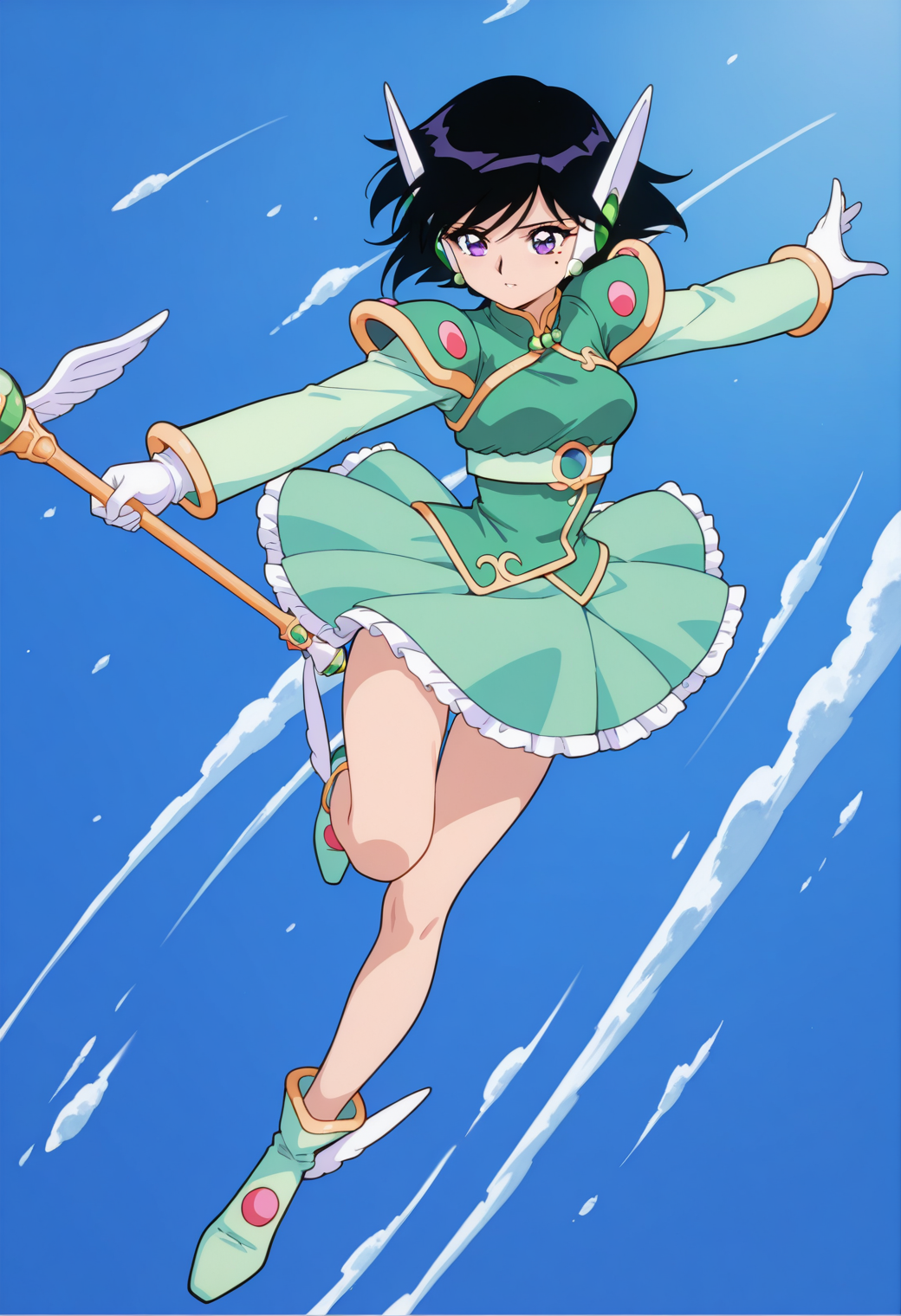 masterpiece, best quality, very aesthetic, absurdres, 1girl, solo,
<lora:corrector_ai_wind_v01:0.9>, corrector_ai, wind_element_suit, black hair, short hair, mole under eye, purple eyes,
magical girl, robot ears, shoulder armor, green dress, jewelry, long sleeves, white gloves, green skirt, green footwear, winged footwear, holding staff, posing