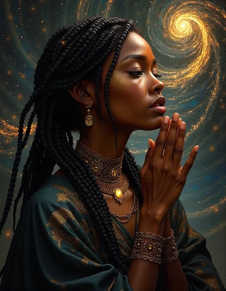 a detailed realism image of a dark-skinned woman with dark braids and beads, her hair blending seamlessly into a spiraling, fractal-like pattern with detailed skin and detailed skin pores The background glows with star-like particles, giving the impression that she is weaving the cosmos itself with her hair.
small, golden embers floating in the darker areas of the background, adding a touch of warmth and life to the scene.shadowed areas within the fractal background that resemble caverns or voids, adding depth and mystery to the composition.
a choker with intricate beadwork and a central gemstone that glows softly, drawing attention to her neckline and face. a long, flowing cape with fractal patterns that shimmer softly, enhancing her silhouette and connecting her to the ethereal background.
Emphasize her defined jawline and chin with subtle shading, giving her face a strong, elegant structure.er lips a slightly rosy hue, enhancing their natural color and making them look healthy and full.tiny light reflections on her lips, giving them a wet, glossy look that enhances their fullness.
Raising both hands lightly to her lips, fingers gently touching, head tilted slightly down, eyes looking off to the side.