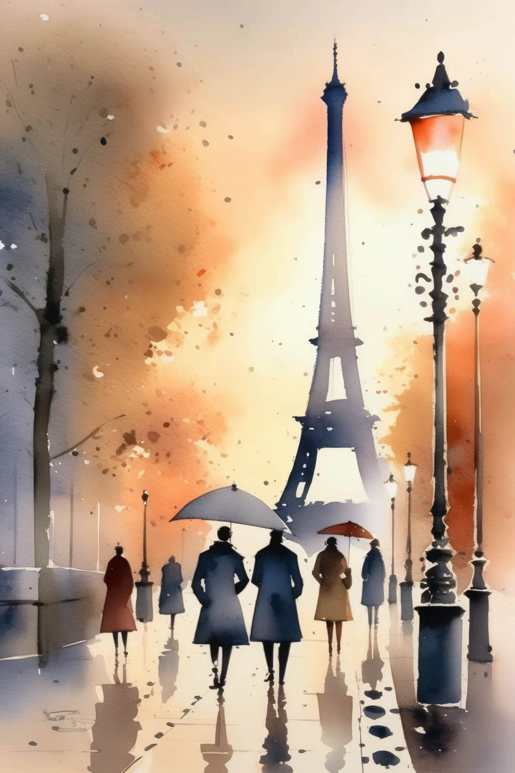 <lora:Thomas Schaller Style:1>Thomas Schaller Style - watercolor illustration of foggy Paris street at sunset