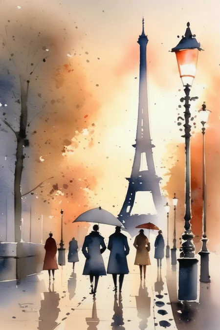 <lora:Thomas Schaller Style:1>Thomas Schaller Style - watercolor illustration of foggy Paris street at sunset