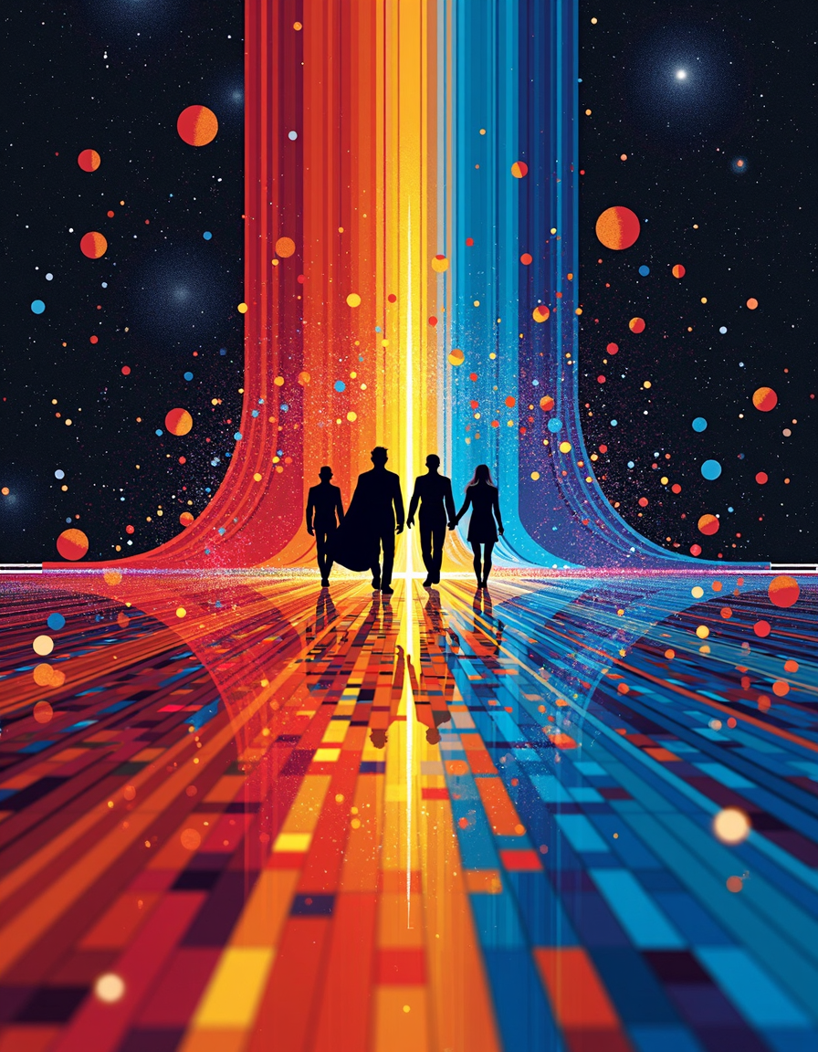 colorful art by Yaacov Agam and Cory Arcangel, Abstract representation of the Force as visible sound waves. These waves ripple out from a central point, distorting space-time. Jedi, Vulcans, and empaths from Scalzi's universe appear as silhouettes within the waves, their minds connected by threads of light. The background shifts between deep space and the quantum realm, with subatomic particles forming constellations, imposing, sharp focus, very, glossy, magnificent, Optical art, kinetic sculptures, interactive artworks, exploring movement and perception, vibrant colors, geometric patterns, visual illusions, Contemporary, hacking and manipulating digital technologies, deconstructing and remixing pop culture and internet imagery, exploring the absurdity of contemporary society