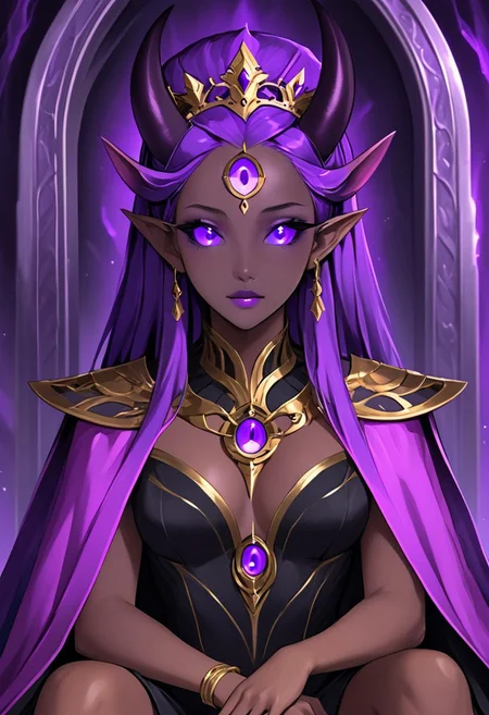 te'kharoth, third eye, tail, horns, violet eyes, 1girl, solo, upper body, regal, queen, crown, sitting, throne, colored skin, dark skinned female, silk dress, capelet, illuminated, mystical aura, expressive eyes, cinematic, masterpiece,
