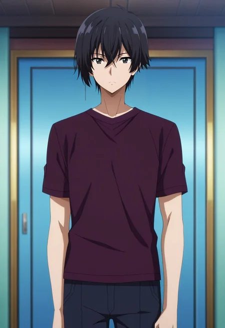 masterpiece, best quality, anime screencap, official style, anime coloring, cowboy shot, 1boy, solo, male focus, <lora:cid_kagenou_ilxl:0.9>, cid_kagenou, black hair, short hair, hair between eyes, bangs, black eyes,