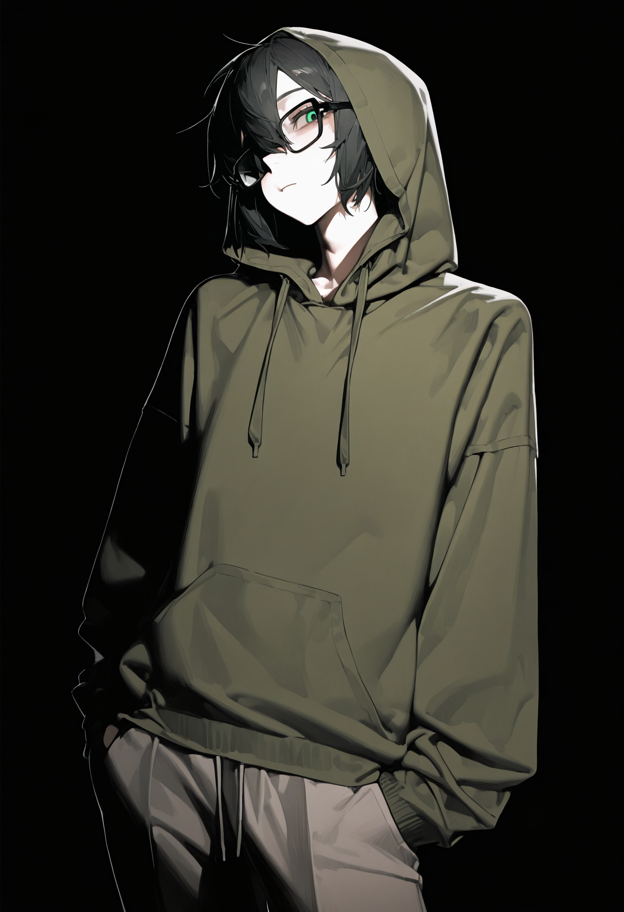 <lora:eatsleep111SDXL:0.75>, best quality, masterpiece, eatsleep1111, vedal987, hood up, 1boy, green hoodie, black hair, glasses, drawstring,  black-framed eyewear, pants,  double-parted bangs, high contrast,  <lora:NeuroEvilVedalNoob11:1>,