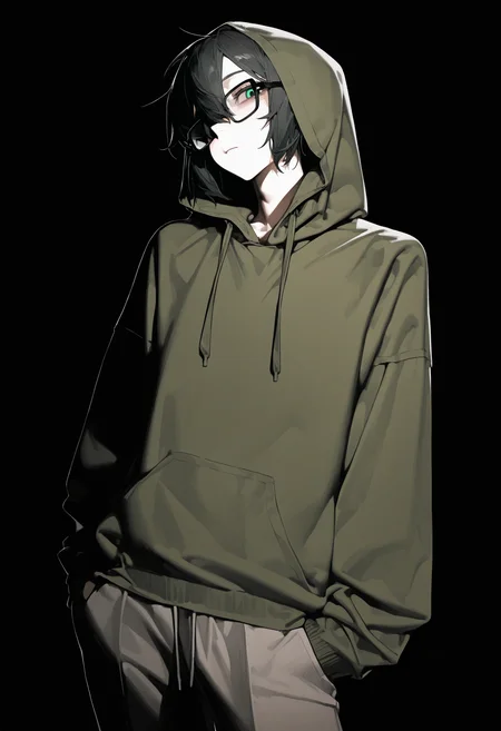 <lora:eatsleep111SDXL:0.75>, best quality, masterpiece, eatsleep1111, vedal987, hood up, 1boy, green hoodie, black hair, glasses, drawstring,  black-framed eyewear, pants,  double-parted bangs, high contrast,  <lora:NeuroEvilVedalNoob11:1>,