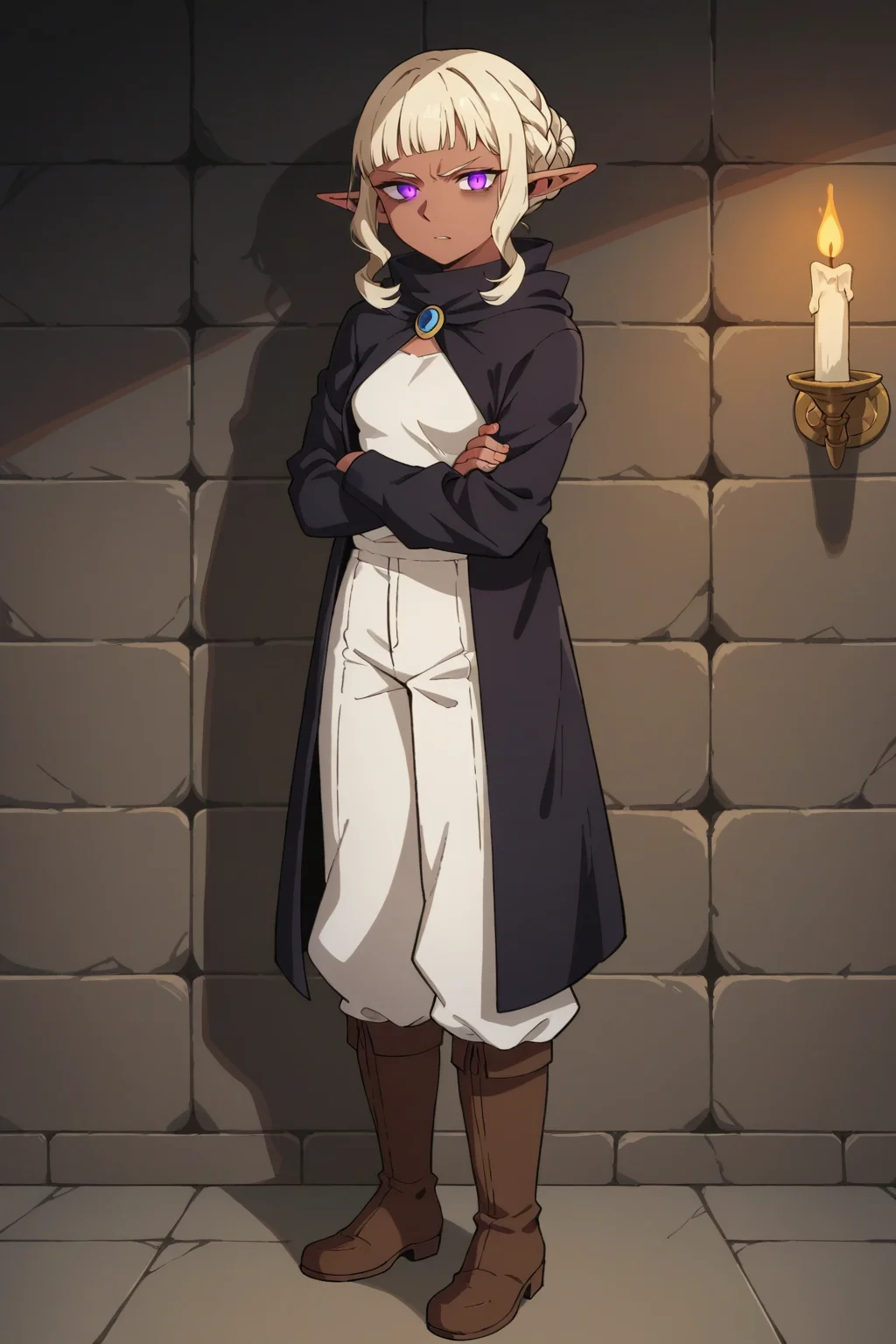 score_9, score_8_up, score_7_up, source_anime, 1girl, prefect lighting, very aesthetic, intricate details, highly detailed background, masterpiece, high quality, prefect hands, best quality, solo,
<lora:Thistle_Dungeon_Meshi_V1_r2-000007:.85>, pointy ears, light red skin, dark-skinned female, dark skin, purple eyes, cream hair, blunt bangs, sidelocks, braid, hair bun, glowing eyes,
black surcoat, black poncho, white harem pants, white pants, brown boots,
tired, standing, crossed arms, disgust, clinch teeth, looking at viewer, leaning back, leaning on wall,
dungeon, stone wall, dark, candles, dimly lit,
(Beautiful, small Breasts:1.2), natural breasts,