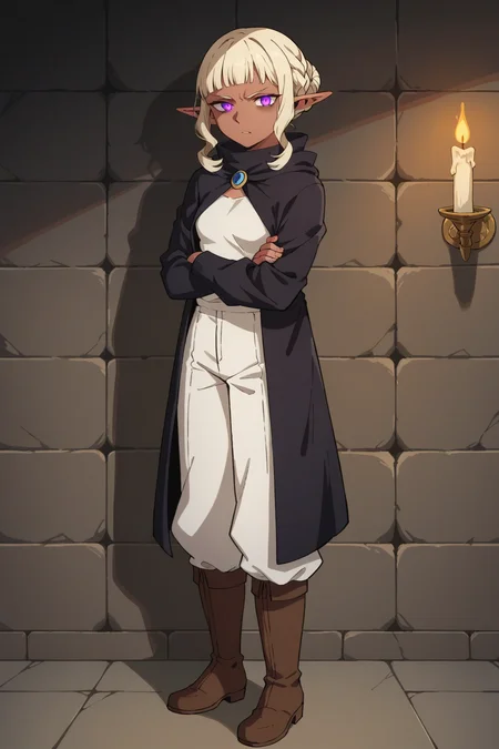 score_9, score_8_up, score_7_up, source_anime, 1girl, prefect lighting, very aesthetic, intricate details, highly detailed background, masterpiece, high quality, prefect hands, best quality, solo,
<lora:Thistle_Dungeon_Meshi_V1_r2-000007:.85>, pointy ears, light red skin, dark-skinned female, dark skin, purple eyes, cream hair, blunt bangs, sidelocks, braid, hair bun, glowing eyes,
black surcoat, black poncho, white harem pants, white pants, brown boots,
tired, standing, crossed arms, disgust, clinch teeth, looking at viewer, leaning back, leaning on wall,
dungeon, stone wall, dark, candles, dimly lit,
(Beautiful, small Breasts:1.2), natural breasts,