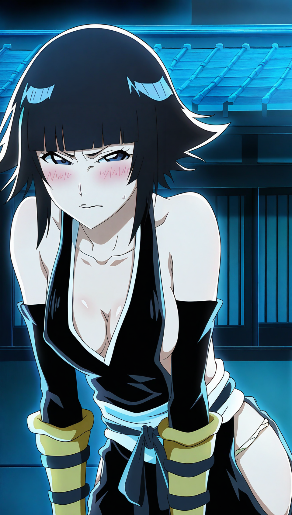 source_anime, masterpiece, best quality, amazing quality, anime screencap, high quality, 8k, absurdres, official style, indoors, night, dark, dim, Japanese building, <lora:Soifon_TYBW_iL2:0.9>, soifon, blue eyes, black pupils, short hair, black hair, short hair with long locks, bangs, blunt bangs, soul reaper outfit, detached sleeves, sleeveless, japanese clothes, bare shoulders, haori, black kimono, collarbone, sideboob, leaning forward, medium breasts, cleavage, looking at viewer, embarrassed, blush,