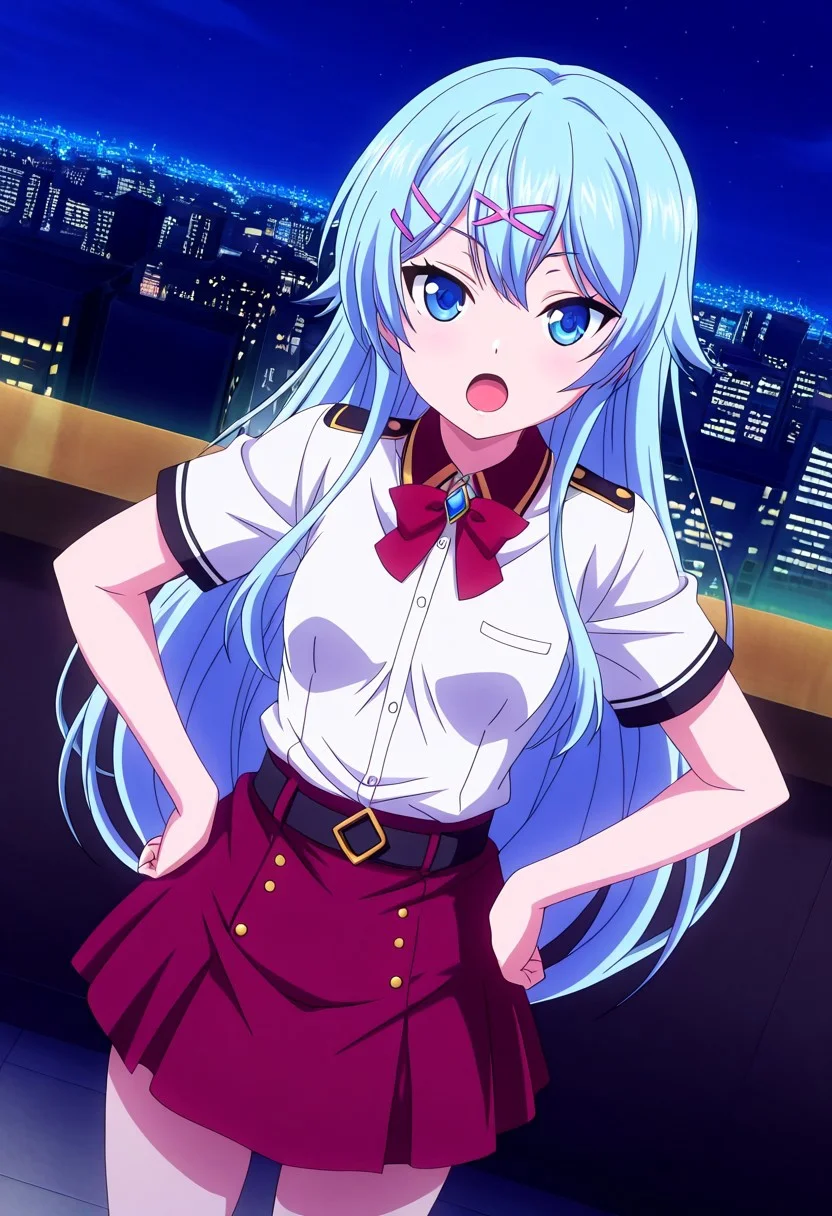 general,highres, ultra-detailed,very aesthetic,best quality ,best hands,best eyes,easynegative,
dynamic angle, dutch angle, anime cloring,anime screencap,
1girl solo,looking at viewer,city,night,open mouth, standing, hands on hip,
Velbrinski LIZERAESHKA MIKIMOTO,light blue hair, very_long_hair, blue_eyes, small breasts, short body, petite, hairclips,white shirt, red skirt,