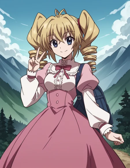 score_9, score_8_up, score_7_up, source_anime, <lora:ravel-phenex-s1-ponyxl-lora-nochekaiser:1>, ravel phenex, blue eyes, blonde hair, twintails, drill hair, antenna hair, medium breasts, dress, bow, pink dress, puffy sleeves, long sleeves, frills,, mountain trail, hiking, nature, backpack, adventure, fresh air, smile, , v, v over eyes,, solo,, cowboy shot, dutch angle,