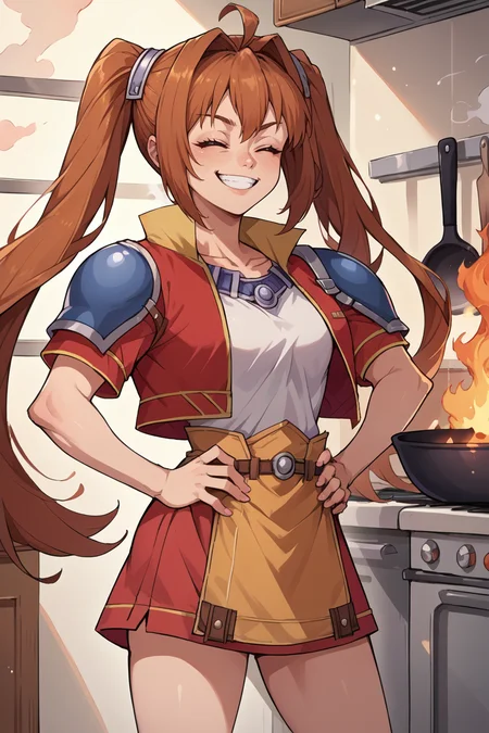 score_9, score_8_up, source_7_up, source_anime, BREAK 1girl <lora:estelle-pdxl-nvwls-v1:1> fcEstelle, twintails, red jacket, blue shoulder pad, white shirt, red skirt, short shorts, kitchen, smile, happy, closed eyes, smug, burning, smoke, frying pan, hands on hips