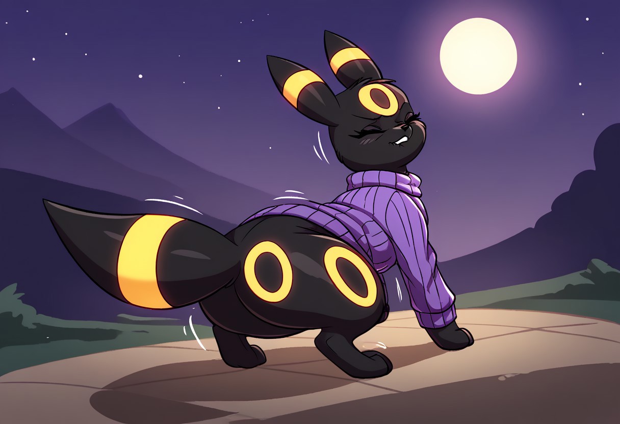 score_9, score_8_up, score_7_up, (detailed texture, digital artwork, improved quality), joaoppereiraus style, ((night meadow, path, moon)), (((color adjustment, solo, full body, from behind, looking back))), ((black fur, Two-Tone Fur, female, feral pokemon, Umbreon_(Pokemon):1.00)), ((snout, tail, ears, paws, closed eyes, eyelashes)), ((violet sweater:1.30)), ((biting lower lip, irritated expression, squat, trembling))