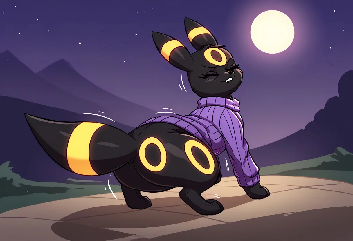 score_9, score_8_up, score_7_up, (detailed texture, digital artwork, improved quality), joaoppereiraus style, ((night meadow, path, moon)), (((color adjustment, solo, full body, from behind, looking back))), ((black fur, Two-Tone Fur, female, feral pokemon, Umbreon_(Pokemon):1.00)), ((snout, tail, ears, paws, closed eyes, eyelashes)), ((violet sweater:1.30)), ((biting lower lip, irritated expression, squat, trembling))