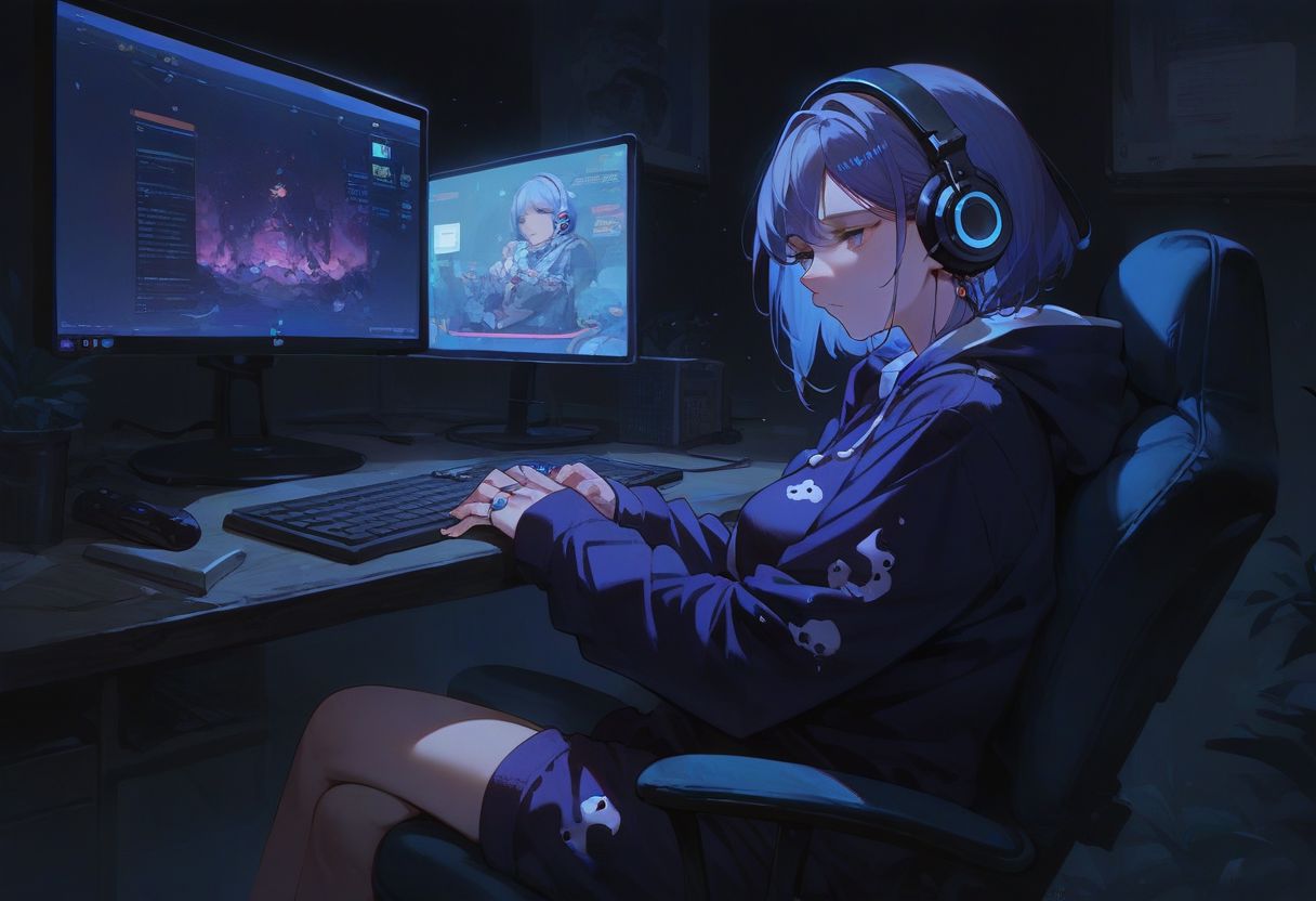 score_9, score_8_up, score_7_up], source_anime,  solo,
1girl, gaming pajamas, headphones, sitting, on chair, desk,  looking away, eye rings, too tired,
girl's room, multiple monitor, monitor light,
(night), low light,  dark background,  glossy light,