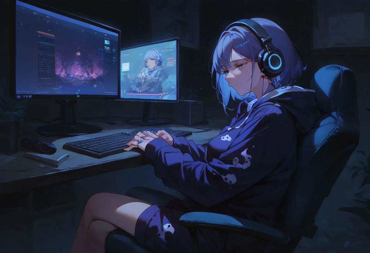 score_9, score_8_up, score_7_up], source_anime,  solo,
1girl, gaming pajamas, headphones, sitting, on chair, desk,  looking away, eye rings, too tired,
girl's room, multiple monitor, monitor light,
(night), low light,  dark background,  glossy light,