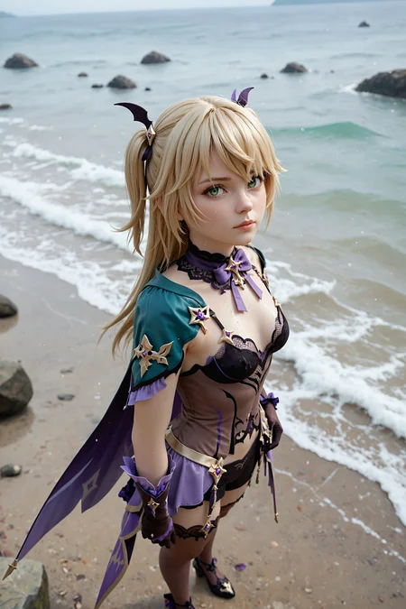 t34l_w1tch, score_9, score_8_up, score_7_up, 1girl, solo, fischl_(genshin_impact), genshin_impact, blonde_hair, green_eyes, from above, crossed ankles, ocean, rainy, 3d, <lora:tr1s5:1.0>